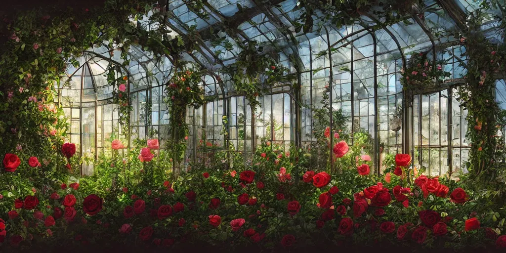 Prompt: glass greenhouse, another world, birds, roses, fairy tale, evening lights, highly detailed, low angle view, artstation, mysterious, comfort, in the style of aetherpunk