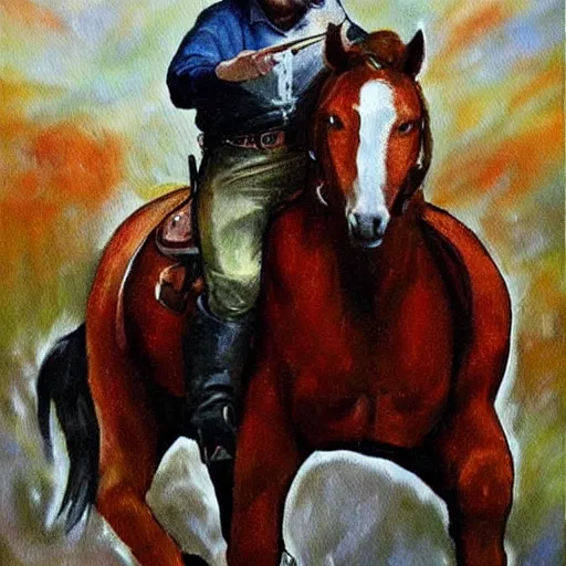 Prompt: a painting of billy mays riding a horse, elegant