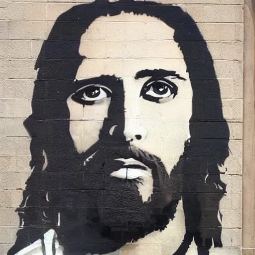 Image similar to Street-art portrait of Jesus in style of Banksy, photorealism