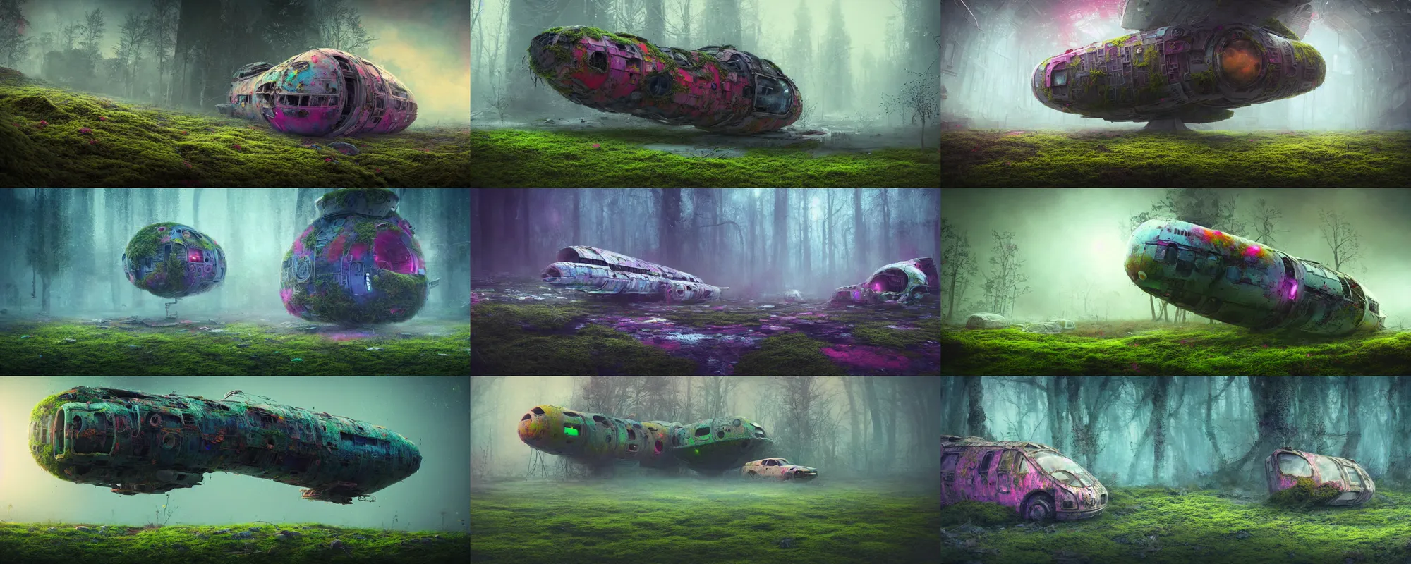 Prompt: intricately detailed soft focus colorful illustration of a cute damaged abandoned spaceship covered in moss, foggy dystopian world, micro detail, 4 k, unreal engine, morning, cinematic, cinematic lighting