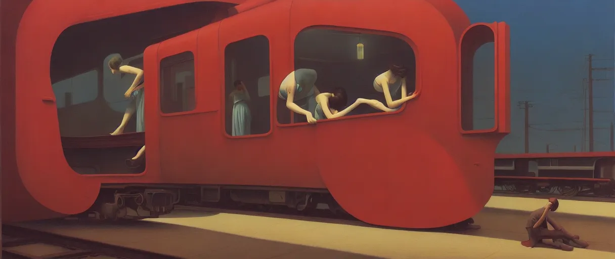 Prompt: train engine, woman reaching, Edward Hopper and James Gilleard, Zdzislaw Beksinski, Mark Ryden, Wolfgang Lettl highly detailed