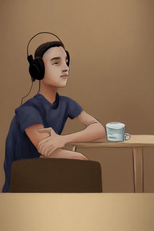 Image similar to a boy with headphones sitting on a table in a cafe, digital art, digital painting, masterpiece, concept art, trending on deviantart, highly detailed, high quality, anatomically correct, five fingers, cinematic, high coherence, soft lighting, soft colors, beautiful, elegant, short black hair, 4 k, symmetrical, realistic and detailed face, cartoon