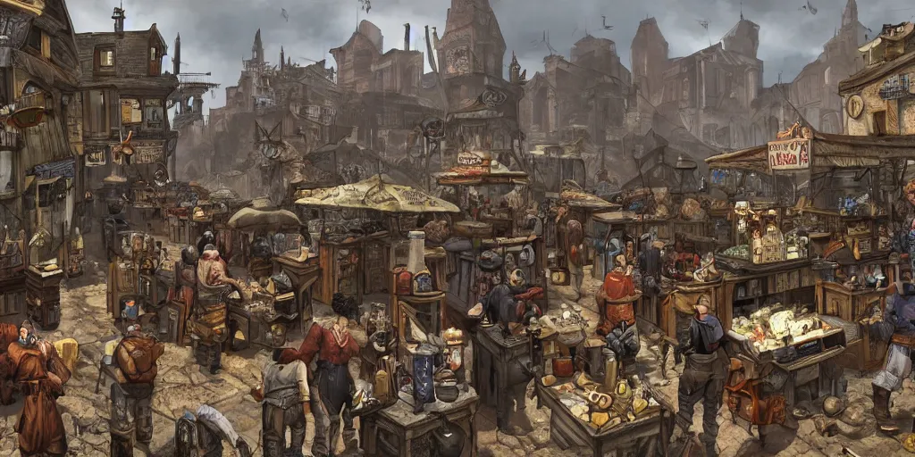 Image similar to a busy marketplace full of merchants in an old medieval town, fallout style, fantasy apocalypse, digital art, 4 k,