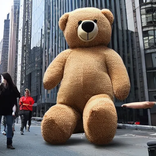 Prompt: a giant teddy bear is walking and crashing buildings in New York