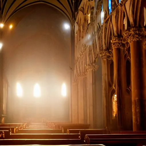 Image similar to a cinematic painting of jesus stood on the alter in an abandoned cathedral interior, he is lit by a strong beam of light shining in through a crack on the ceiling, 8 k, movie still, wide angle photograph