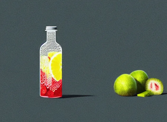 Image similar to ( ( dithered ) ), strawberries blueberries sliced kiwi sliced lemon inside a clear drinking bottle, isometric, modern art deco, mads berg, karolis strautniekas, christopher balaskas, stippled light, fog, moody, fine texture, editorial illustration, dramatic lighting, dynamic composition, detailed, matte print, muted color