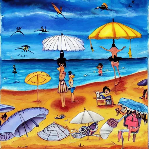 Prompt: a busy summer beach by tim burton