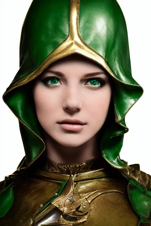 Image similar to a beautiful portrait of a young woman, green elf ranger with long flowing hair and a green leather hood, elf ranger leather armor with green colors and gold lining, young female face, cinematic top lighting, insanely detailed and intricate, face by wlop, Charlie Bowater, golden ratio, symmetric, elegant, ornate, luxury, elite, matte painting, cinematic, trending on artstation, deviantart and cgsociety, 8k, high resolution