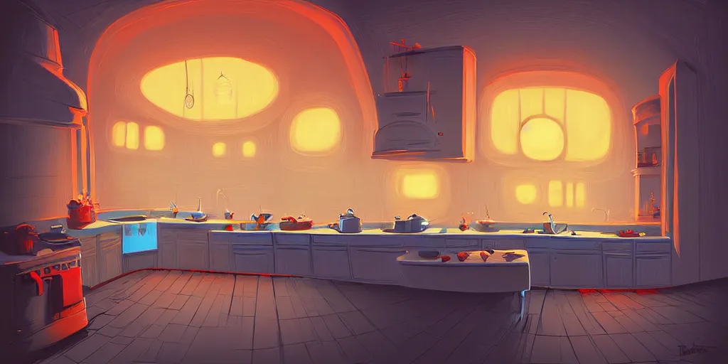 Prompt: curved perspective digital art of a dim lit kitchen from Tim Burtons Nightmare Before Christmas by Christopher Balaskas