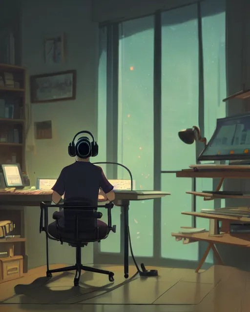 Image similar to producer making music late at night at his home studio with headphones, detailed, cory loftis, james gilleard, atey ghailan, makoto shinkai, goro fujita, studio ghibli, rim light, exquisite lighting, clear focus, very coherent, plain background, soft painting