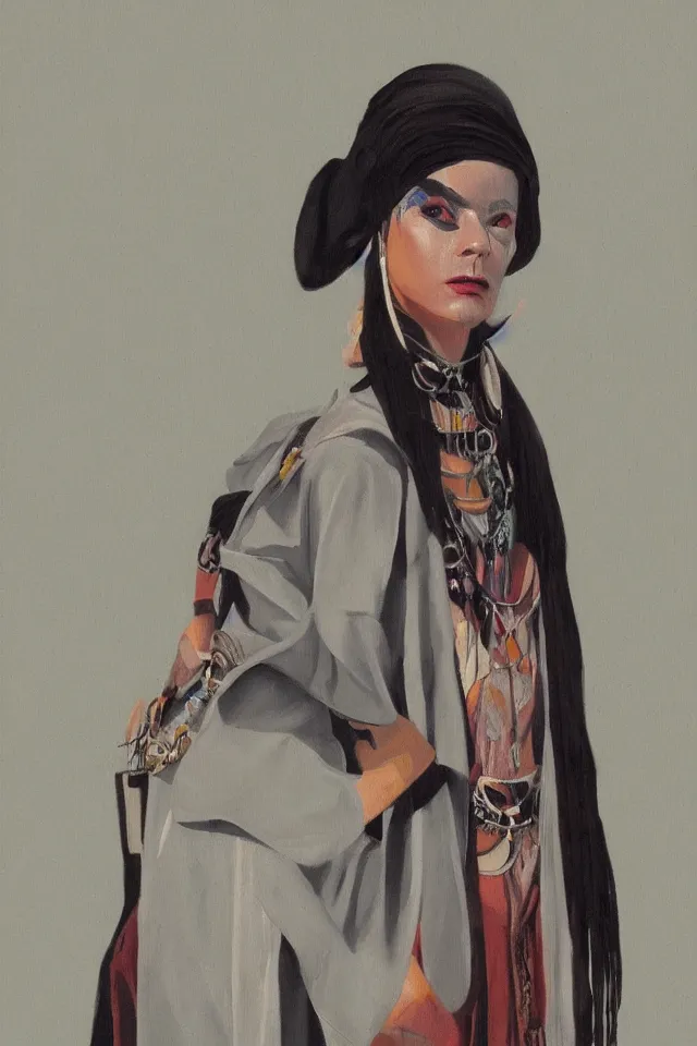 Prompt: sfumato renaissance oil painting of a modern shaman, modern minimal isei miyake outfit, in the style of lara jade, syd mead, concept art