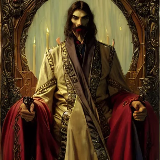 Image similar to perfectly centered portrait of attractive vampire king in a robe sitting on a throne of bones, highly detailed painting by gaston bussiere, craig mullins, j. c. leyendecker, 8 k