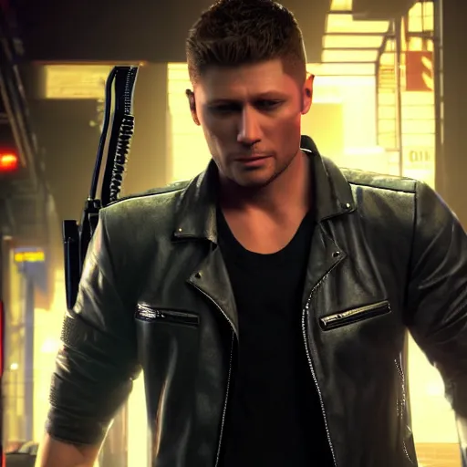 Image similar to a detailed full bodied 3 d render of an extremely handsome jensen ackles as the terminator walking down a dark alley in cyberpunk 2 0 7 7, holding futuristic crossbow, volumetric lighting, octane render, 8 k, art by hayao miyazaki and hideo kojima