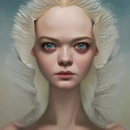 Image similar to a striking hyper real painting of Elle Fanning, dark, metal, by Vladimir Kush