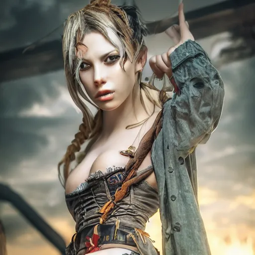 Image similar to full body pose, hyperrealistic photograph of a attractive pirate woman, dim volumetric lighting, 8 k, octane beautifully detailed render, extremely hyper detailed, intricate, epic composition, cinematic lighting, masterpiece, trending on artstation, very very detailed, stunning, hdr, smooth, sharp focus, high resolution, award, winning photo, dslr, 5 0 mm