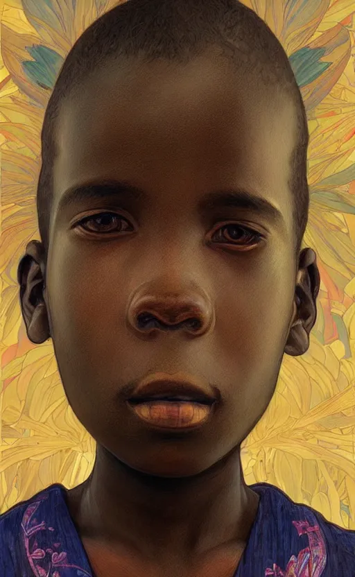 Image similar to colourful upper half portrait of an african boy, art by hsiao - ron cheng & alphonse mucha, highly detailed, digital painting, concept art, illustration, smooth sharp focus, intricate, symmetry, black backdrop, artstation,