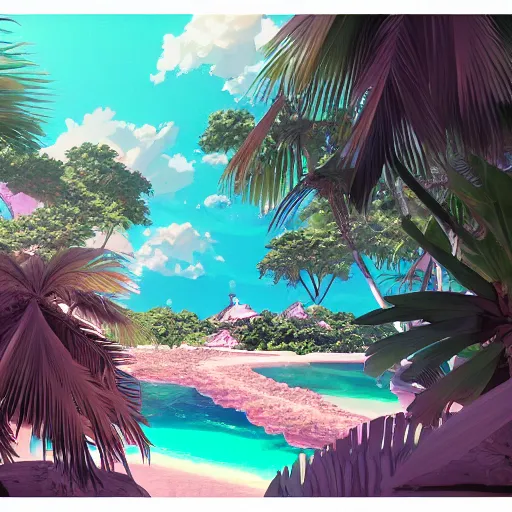 Image similar to a beautiful graphic contour outline render of a dreamy tropical anime island paradise by makoto shinkai, pink accents, soft details, graphic art