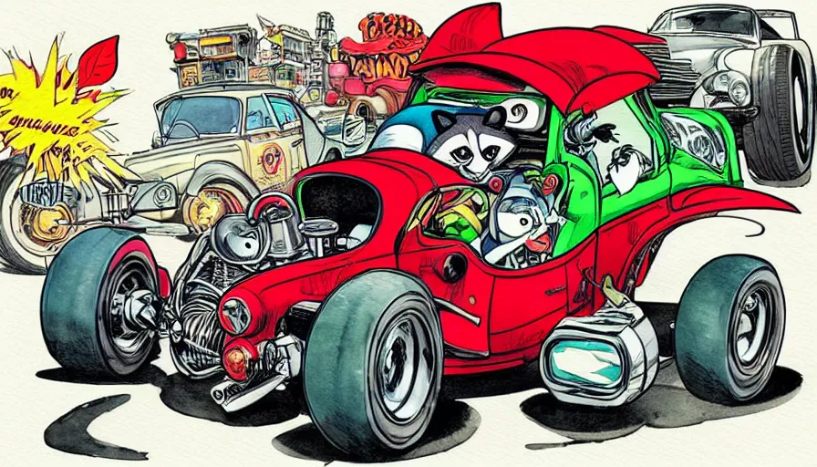 Image similar to funny, comic book style, racoon riding in a tiny hot rod coupe with oversized engine, ratfink style by ed roth, centered award winning watercolor pen illustration, by chihiro iwasaki, edited by range murata