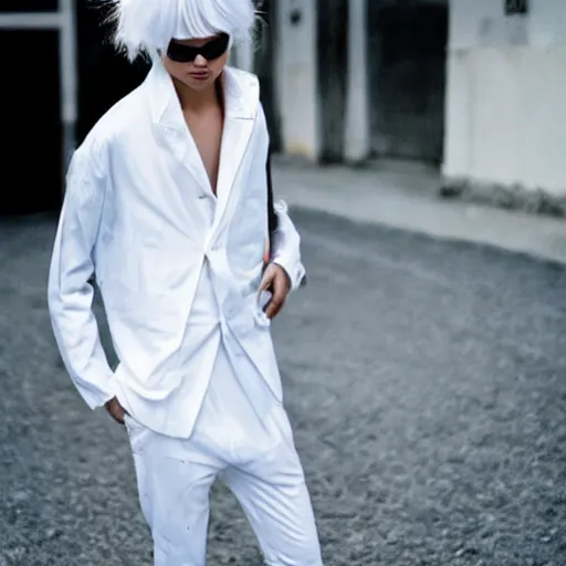 Image similar to kitsch fashion, street fashion, rave fashion, androgynous people in white clothes, new age, vogue