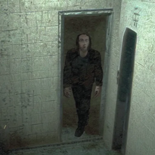 Image similar to nicolas cage hiding behind a corner in silent hill