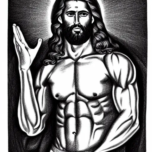 Image similar to gigachad benediction, gigachad jesus, muscles, pointing to heaven, pencil art, holy iconography