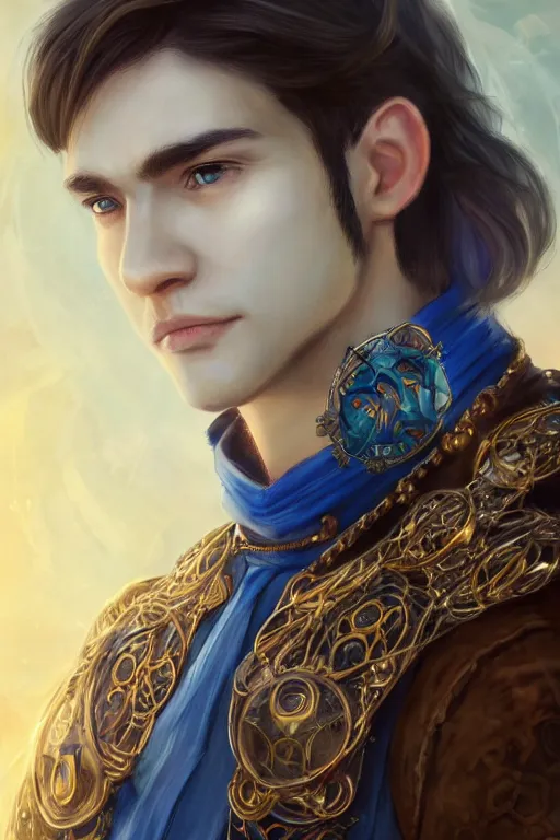 Prompt: beautiful portrait of a handsome young male wizard wearing a fancy blue tunic, l medallion!! around neck, art by wlop and artgerm, steampunk fiction, detailed deep blue eyes, ( long dark brown hair in ponytail!!!! ), space background, artstation, sharp focus, illustration, caustics, octane render, 4 k, radiant light