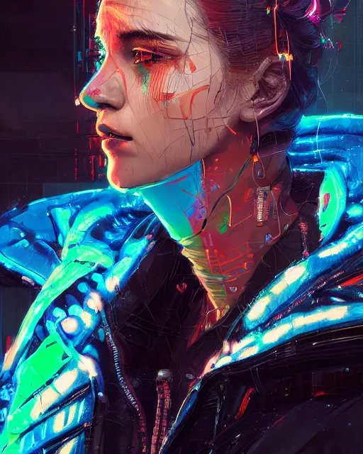 Image similar to detailed side profile portrait Neon Operator Girl, cyberpunk futuristic neon, reflective puffy coat, decorated with traditional Japanese ornaments by Ismail inceoglu dragan bibin hans thoma greg rutkowski Alexandros Pyromallis Nekro Rene Maritte Illustrated, Perfect face, fine details, realistic shaded, fine-face, pretty face