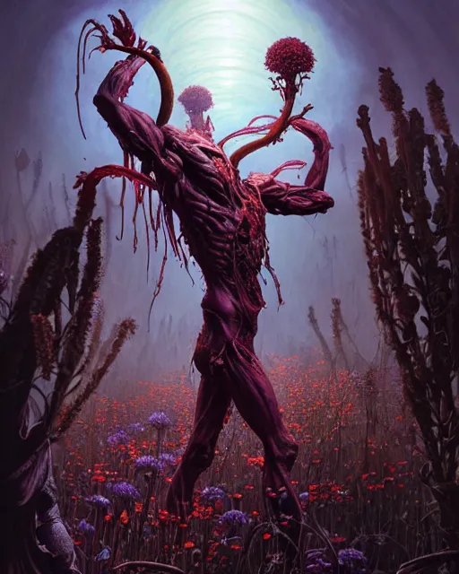 Image similar to the platonic ideal of flowers, rotting, insects and praying of cletus kasady carnage thanos davinci dementor chtulu mandala ponyo dinotopia the witcher, fantasy, ego death, decay, dmt, psilocybin, concept art by randy vargas and greg rutkowski and zdzisław beksinski