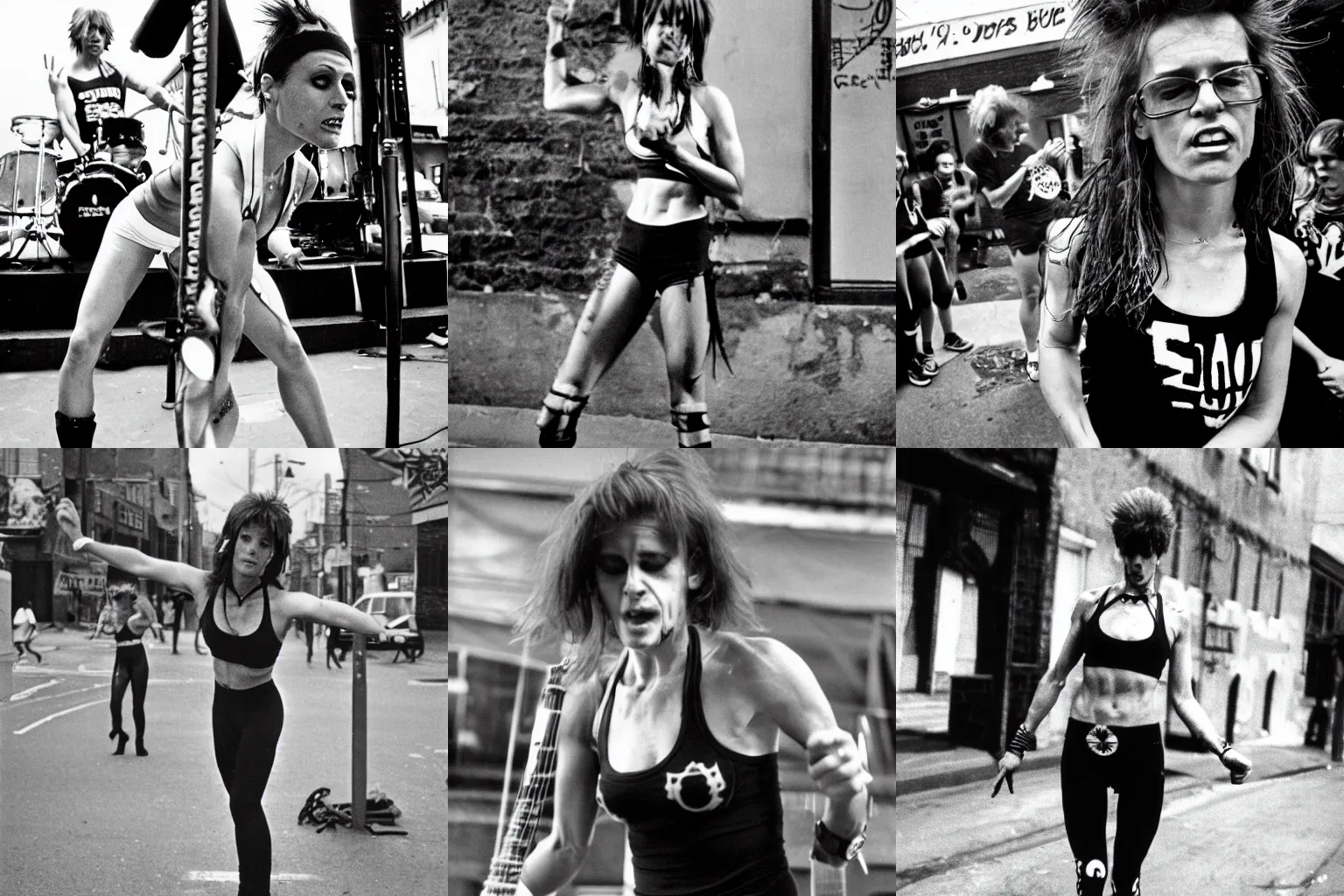 Prompt: athletic fit woman as the vocalist of a 1980s punk band playing live at CBGBs, realistic, detailed, punk, rock music, photographed by Peter Beste by Shirley Baker, 80s