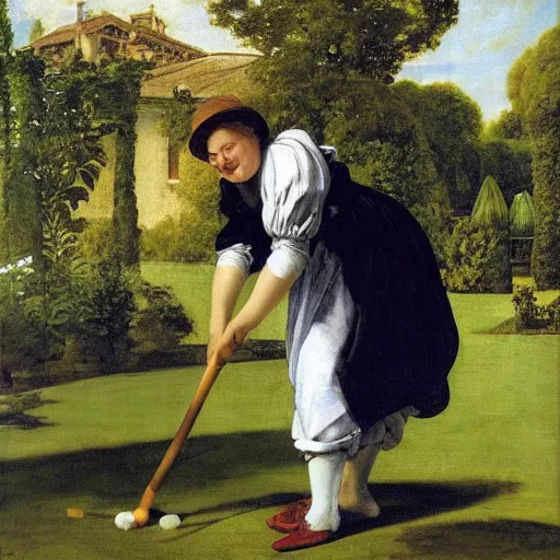 Image similar to columbo playing croquet in the garden, happy expression, smiling, holding a croquet mallet, rule of thirds, golden ratio, oil on canvas, highly detailed, warm color scheme, soft lighting, sharp focus, adelaide labille - guiard, artemisia gentileschi