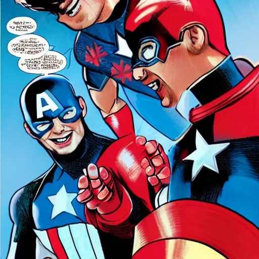 Prompt: captain america playfully tickling a giggling tony stark ; hyperrealistic ; happy ; colorful ; mannerism ;