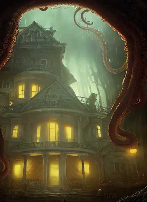 Image similar to giant tentacles destroying a glowing mansion in burning vapor dramatic lighting, artstation, matte painting, alexander jansson, allen williams, artem chebokha