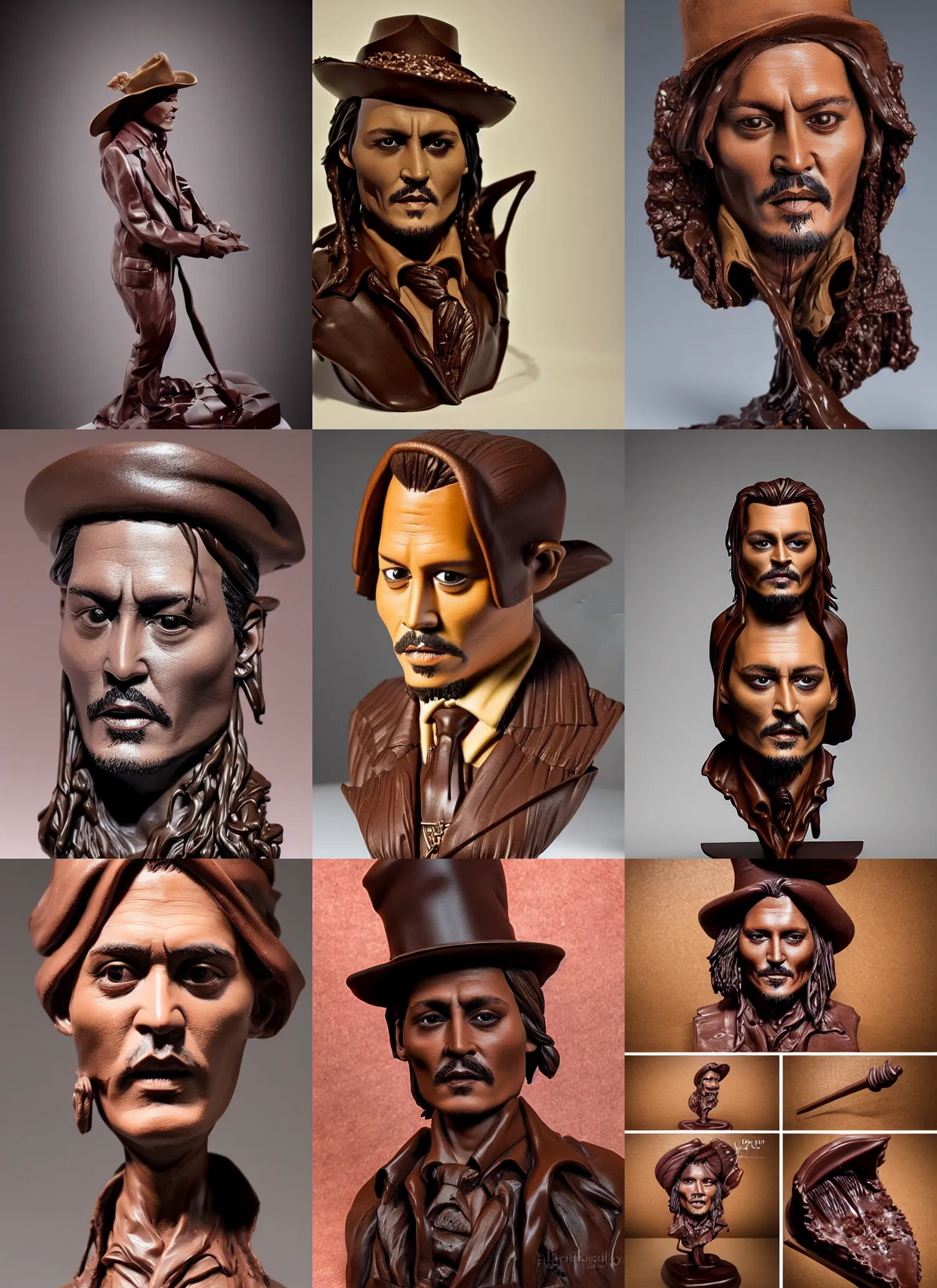 Prompt: chocolate! sculpture of johnny depp, chocolate art, fully chocolate, studio lighting