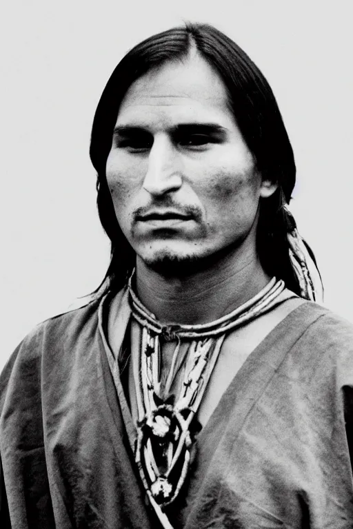 Image similar to Photo of Native American indian man Steve Jobs, portrait, skilled warrior of the Apache, ancient, realistic, detailed, Emma Watson