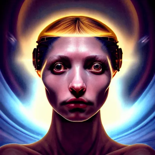 Image similar to Colour Caravaggio style Photography of Beautiful woman with highly detailed 1000 years old face wearing higly detailed sci-fi halo above head designed by Josan Gonzalez Many details, last forum. . In style of Josan Gonzalez and Mike Winkelmann andgreg rutkowski and alphonse muchaand Caspar David Friedrich and Stephen Hickman and James Gurney and Hiromasa Ogura. Rendered in Blender, volumetric natural light