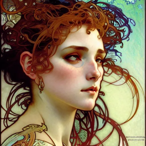 Prompt: realistic detailed face portrait of Mia Kirschner by Alphonse Mucha, Ayami Kojima, Yoshitaka Amano, Charlie Bowater, Greg Hildebrandt, Jean Delville, and Mark Brooks, Art Nouveau, Pre-Raphaelite, Gothic Revival, exquisite fine details, 4k resolution