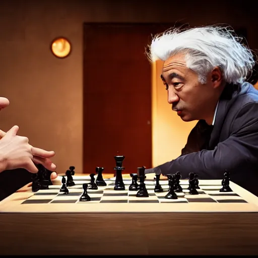 Prompt: chess match between michio kaku and albert einstein on ancient aliens show, featured on artstation, featured on pixiv, rule of thirds composition, cinematic dynamic lighting, hyper realistic, hyper detailed, photo realism, sharp focus, 4 k, 8 k