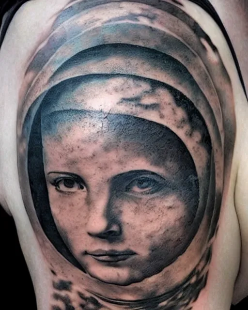 Prompt: planets on the top of a broken renaissance head statue, realism tattoo design, hyper - realistic, in the style of tony santos