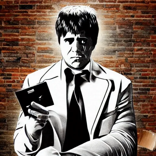 Image similar to a buffalo in the streets surrounded by bricks of flour digital illustration poster scarface, godfather, 8 k