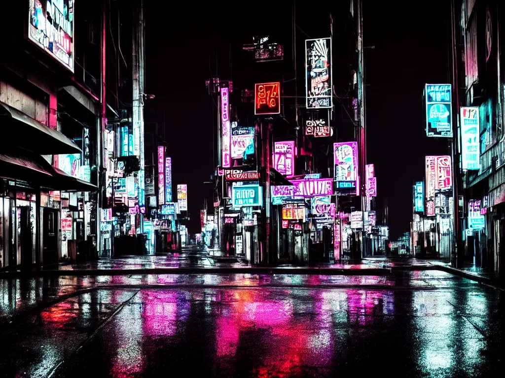 Prompt: rainy cyberpunk downtown city street in dark night time, neon lights glow, black sky