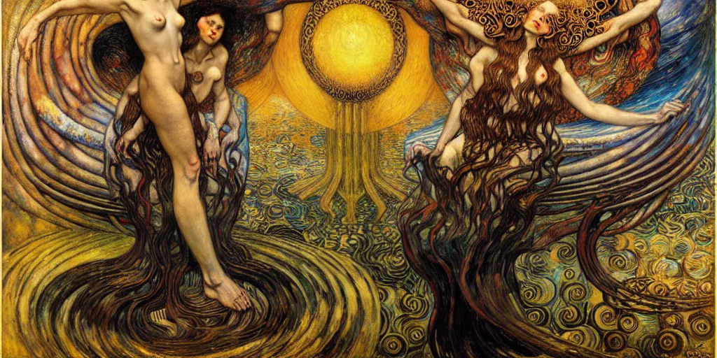 Image similar to Divine Chaos Engine by Karol Bak, Jean Delville, William Blake, Gustav Klimt, and Vincent Van Gogh, symbolist, visionary