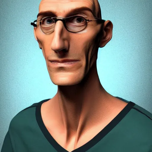 Image similar to A middle-aged Dr. Venture in real life with a hooked nose, a long gaunt face and skinny body and neck, very thin and bald, realistic, very realistic, hyperrealistic, highly detailed, very detailed, extremely detailed, detailed, digital art, oil painting, trending on artstation, headshot and bodyshot, detailed face, very detailed face, extremely detailed face, HD Quality, 8k resolution, very very detailed face, real life