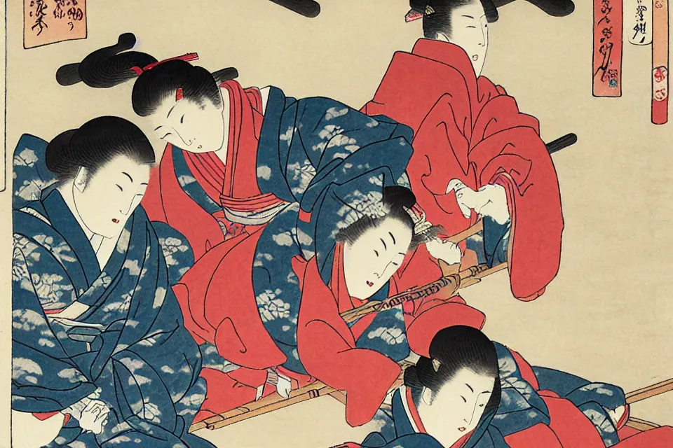 Prompt: The Japanese ronin cuddled the kimono girl who bowed her head in the middle of the night, covered with snow,Ukiyo-e.