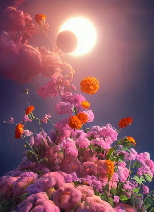 Image similar to An epic fantastic realism comic book style painting of the most beautiful flowers launched into space, bouquets, solar eclipse, fisheye, unreal 5, DAZ, hyperrealistic, octane render, dynamic lighting