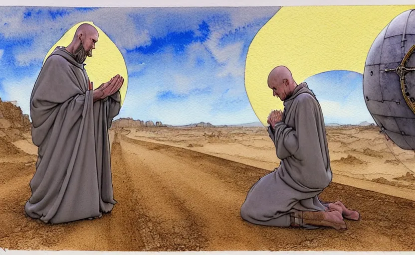Image similar to a hyperrealist watercolour concept art of a medieval monk in grey robes kneeling in prayer on a desert road. a large steampunk ufo is above them in the sky. by rebecca guay, michael kaluta, charles vess and jean moebius giraud. high detail, hq, wide shot