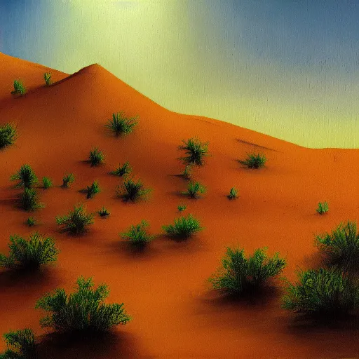 Prompt: a painting of oasis in desert, dramatic lighting