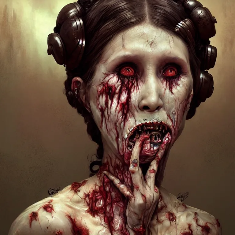 Prompt: scary horrific zombie princess leia dark fantasy, body horror, sores and scars, undead. highly detailed, biopunk, digital painting, by greg rutkowski, artgerm and alphonse mucha