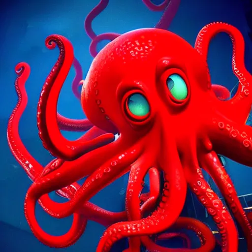 Image similar to portrait of red octopus, sly, cunning, blue background, pixar style animation 3d extremely gloomy lighting, atmospheric, cinematic, detailed illustration unreal Engine, 8K