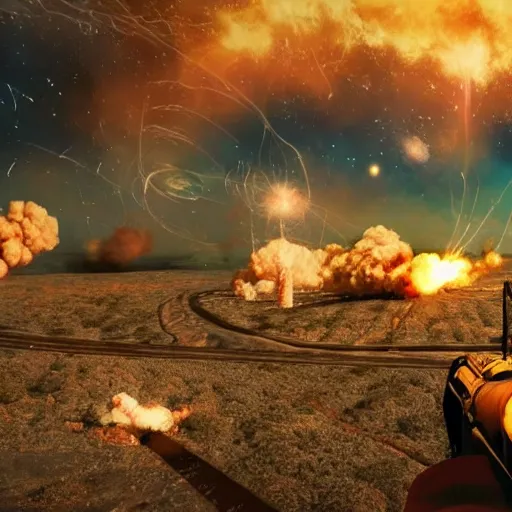 Prompt: ultraRealistic 4k color picture of atomic warfare and universe Realistic lighting