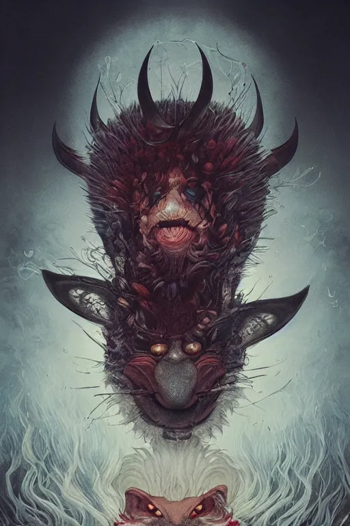 Image similar to a portrait of a japanese devil animal illustrated by miyazaki by karol bak, james jean, tom bagshaw, rococo, sharp focus, trending on artstation, cinematic lighting, hyper realism, octane render, 8 k, hyper detailed, vivid, ultra detailed, highly detailed